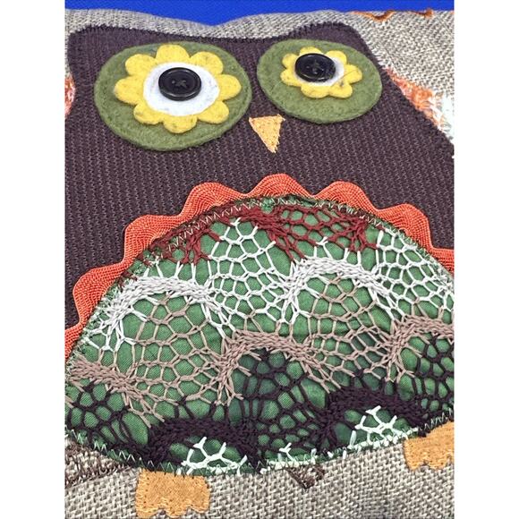 Retro Owl Pillow Embroidered "Welcome Fall" Burlap Cottage Boho Autumn Decor - Picture 4 of 9